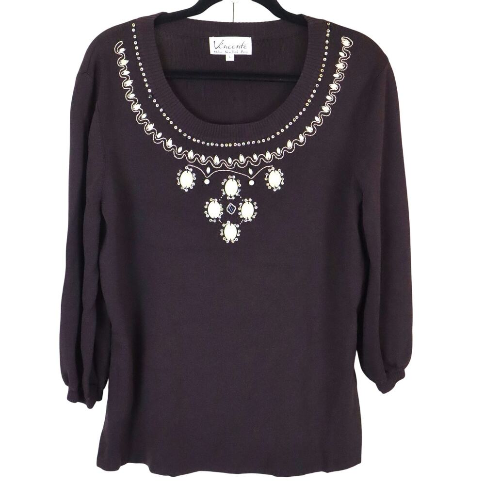 Vintage 90s Y2K Vincente Brown Sweater Beaded Sequin Rhinestone Large Pearl Bib